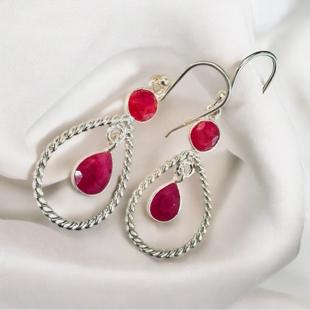 Raw Ruby Teardrop Sterling Silver Dangle Earrings - image 3